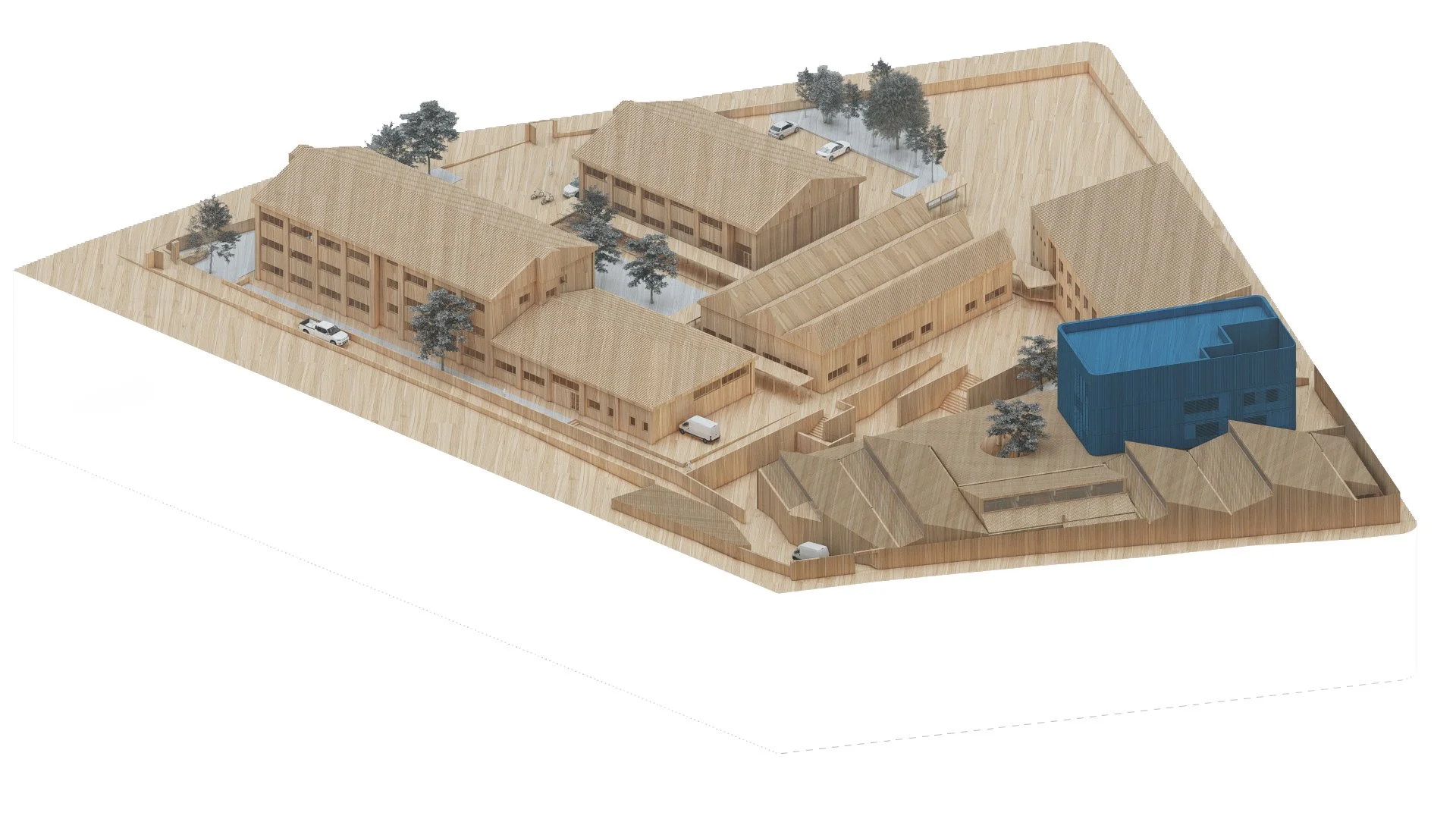 Maqueta 3D isométrica mostrando la volumetría general del proyecto y acabados de madera.